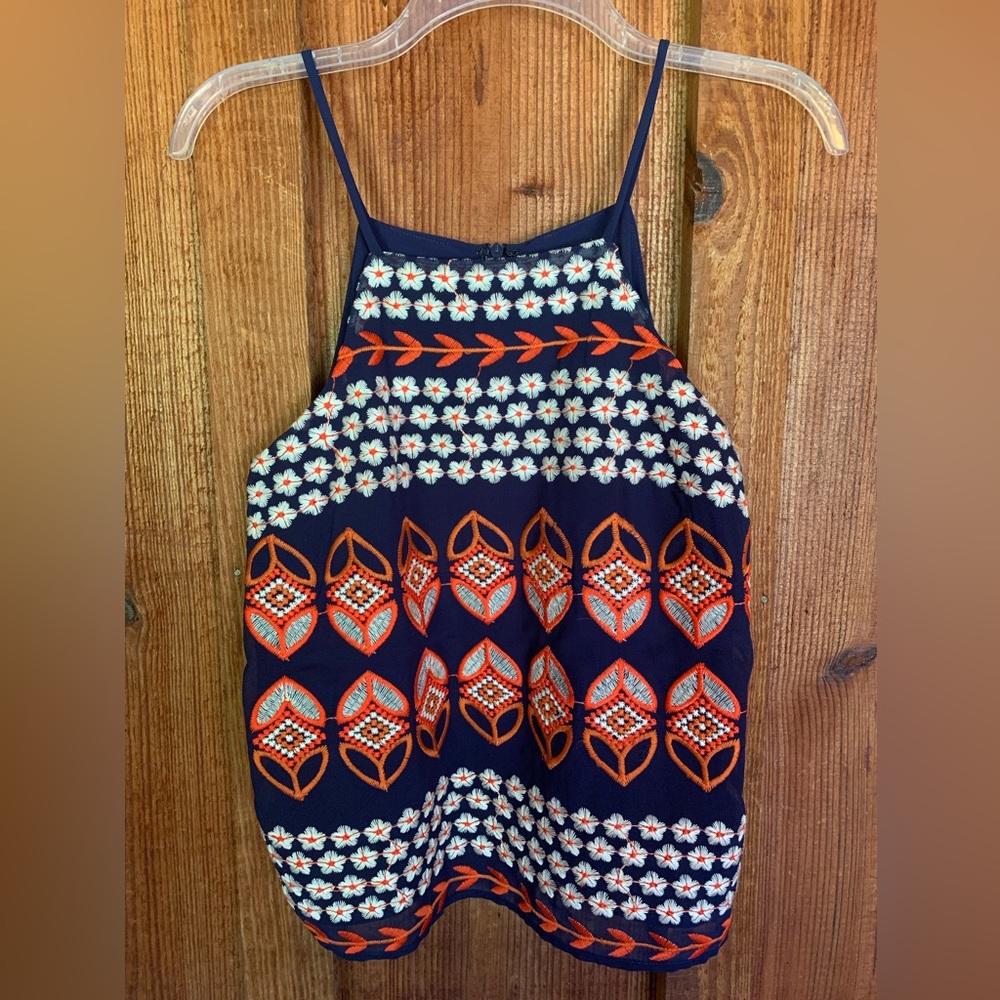Free The Roses Embroidered Floral Navy Orange Blouson Lined Halter Top Size XS